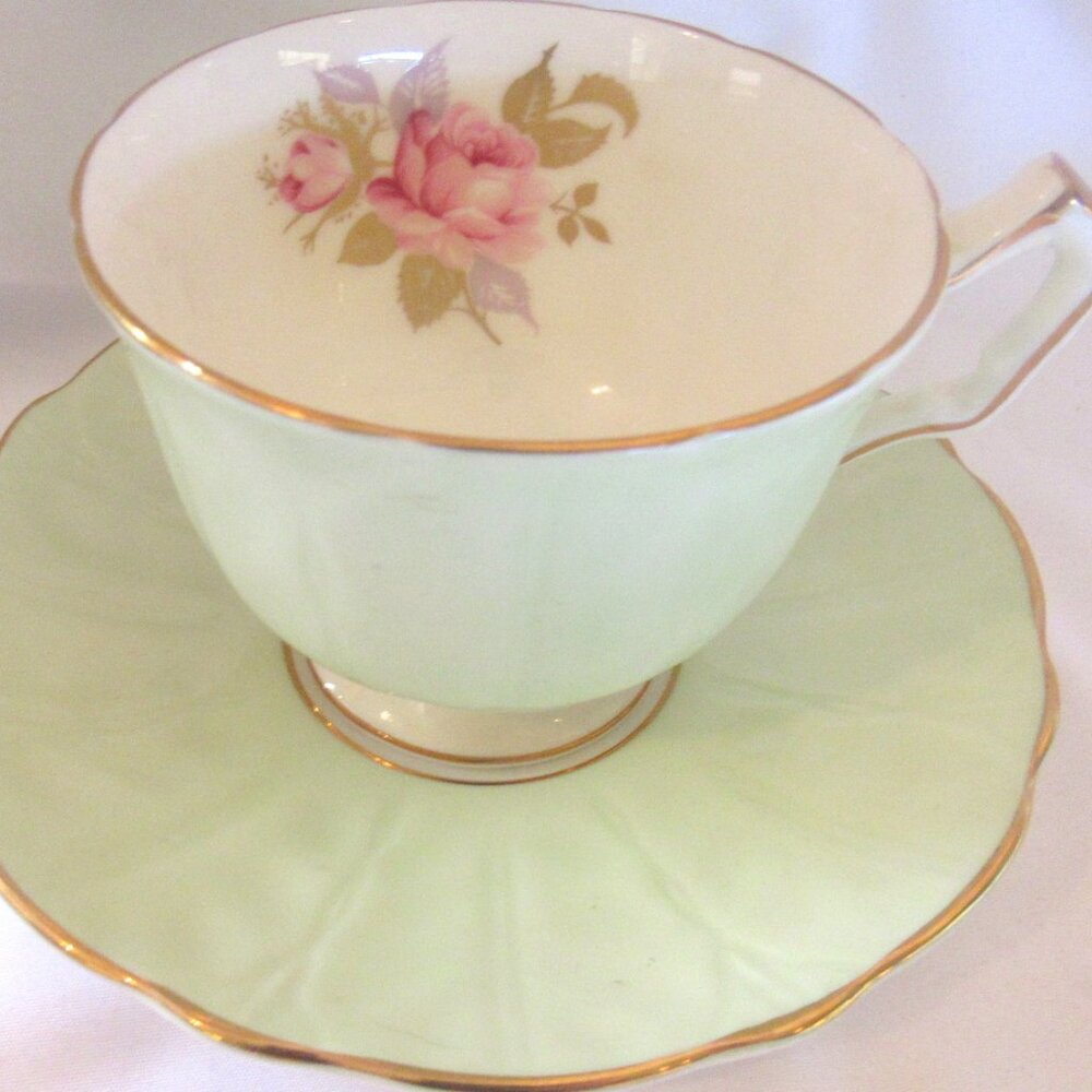 Aynsley Tea Cup and Saucer Perfect Pink Rose, Soft Pastel Green, Gold Gilt I256